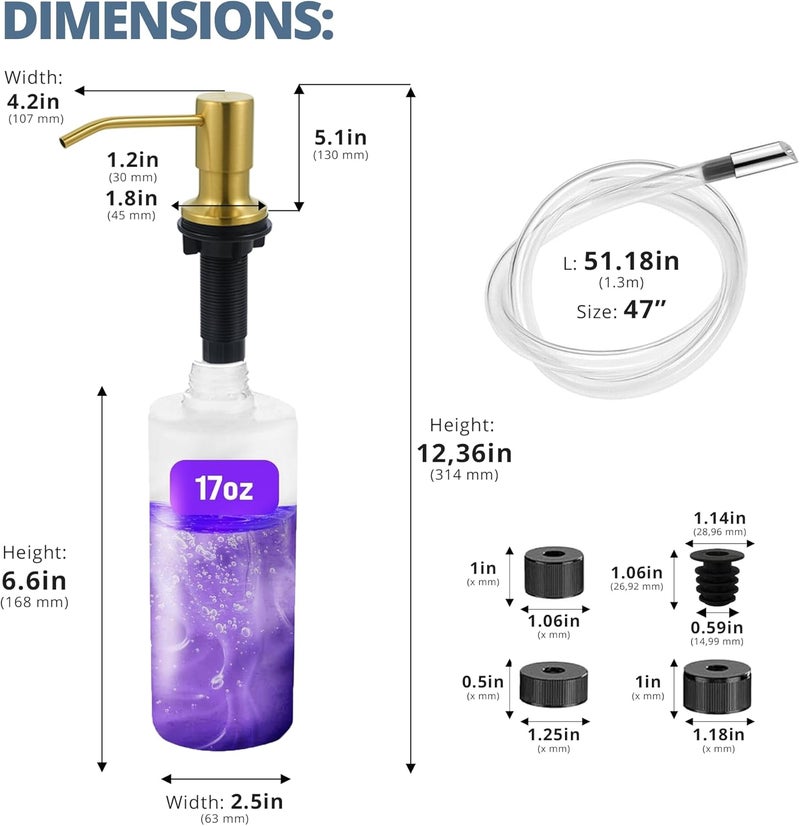 Sben Built-in Kitchen Sink Soap Dispenser – Stainless Steel Pump, 17 oz Bottle and Extension Tube Kit 47", Upgraded Metal Check Valve, Countertop Hand Soap & Lotion Dispenser (Gold Brushed) - Image 5